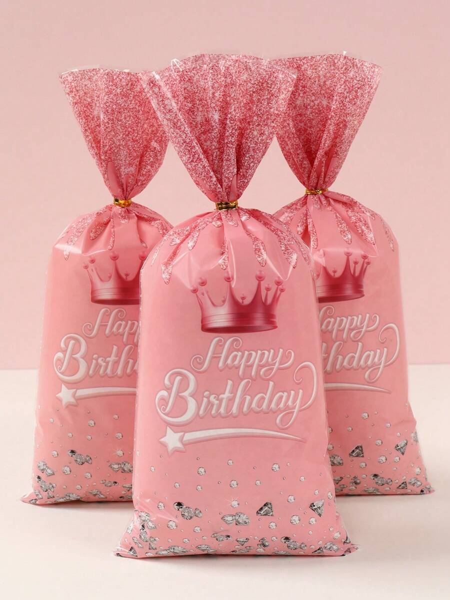 25个玫瑰金钻石图案生日快乐礼品袋，玫瑰金主题洗礼生日派对装饰，礼品包装用品，糖果饼干袋，情人节 - 玫瑰金生日 - 查看 1