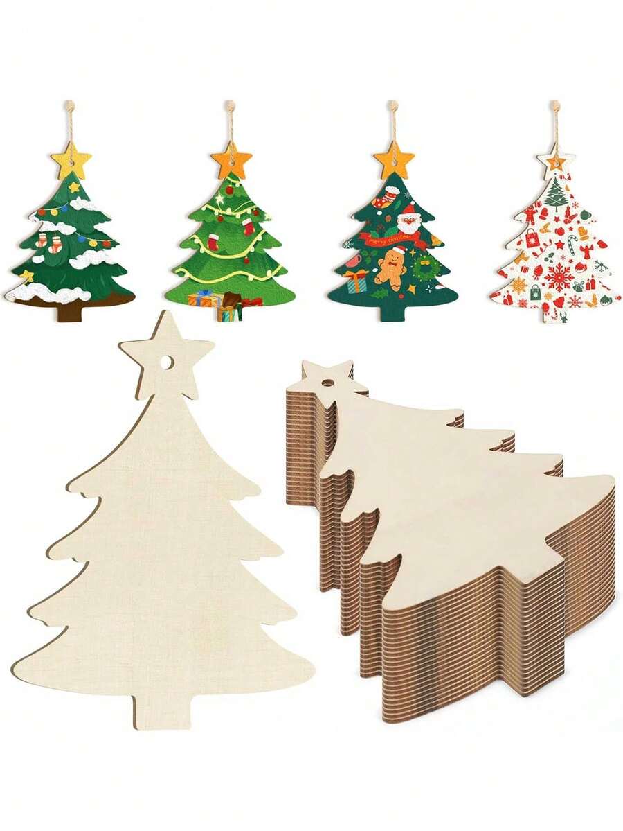 10 chiếc - Đồ thủ công tự làm cây thông Noel, Đồ trang trí treo hình cây thông Noel bằng gỗ chưa hoàn thiện có lỗ, Thẻ quà tặng, Thu hoạch, Lễ Tạ ơn, Trang trí tiệc Giáng sinh, Giáng sinh