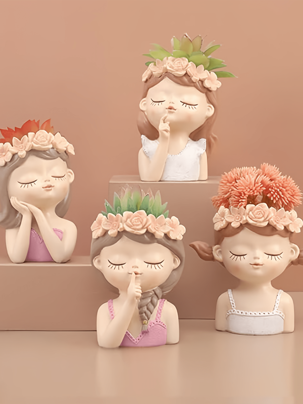 Small Fairy Girl Face Planter, 4 Packs Succulent Pots, 4 Inches Girl Face Flower Pot Cute Resin Cactus Planters With Drainage Decorations, Gift For Women And Garden Decor