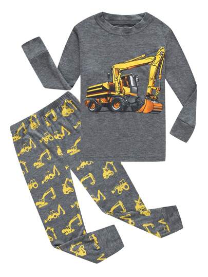 2pcs Young Boys Cute Grey Excavator Print T-Shirt And Leggings Pajamas Set, Autumn