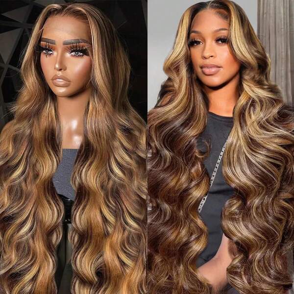 Honey Blonde Lace Front Wig Human Hair 13x4 HD Body Wave Highlight Ombre Lace Frontal Wigs Human Hair Pre Plucked With Baby Hair 180% Density Body Wave 4/27 Glueless Human Hair Wigs For Women