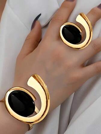 1set Exaggerated Metal-Inlaid Pearl Half Cuff Bracelet Ring Jewelry Mini Gift Box - Holiday Gift