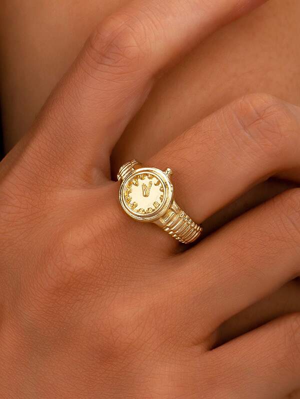 1 Pc Golden Color Metal Clock Ring For Women , Metal Watch Ring , Decoration Watch Rings