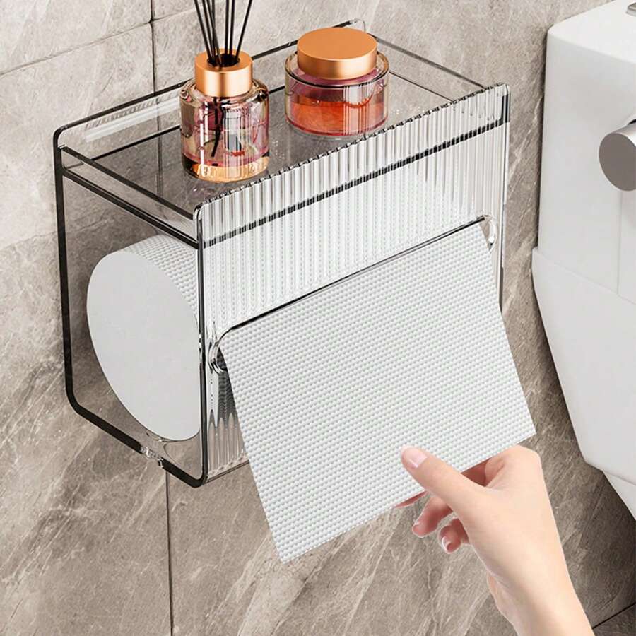 2pcs Multi-Functional Waterproof Tissue Box, Bathroom Wall Mounted Acrylic Toilet Paper Holder Rack Back To School