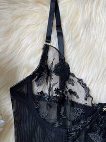 Women's Sexy Black Lingerie Embroidery Sheer Underwear Set, Rave - Black - View 8