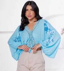 Elegant Cropped  Silk Blouse For Women With Floral Embroidery And Balloon Sleeves - 藍色 - 查看 3