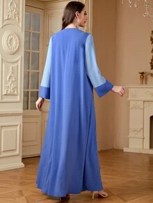Siskakia 女士 Abayas 刺绣亮片花卉图案 V 领优雅休闲摩洛哥长袖连衣裙，长袍 - 藍色 - 查看 5