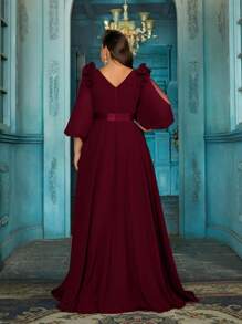 QOQ Robe formelle élégante pour femmes, grande taille, pour soirée de mariage, dîner, anniversaire. Couleur unie, mousseline de soie, col V, robe de soirée maxi