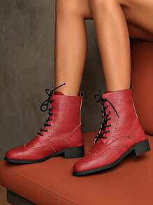 女士秋季复古刺绣贴花系带舒适短靴，鞋子是节日派对的完美搭配，圣诞节的理想选择 - 紅色 - 查看 6
