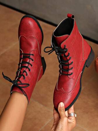 Women Fall Vintage Embroidered Patch Lace-Up Comfy Short Boots, Shoes Perfect Match For Holiday Party, Christmas Ideal Choice