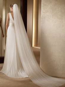 1pc Bridal Lawn Cathedral Length Floor-Length Train Veil, Handmade Double Layer Minimalist Plain Wedding Veil For Bridal Studio Photography Styling - Beige - View 15