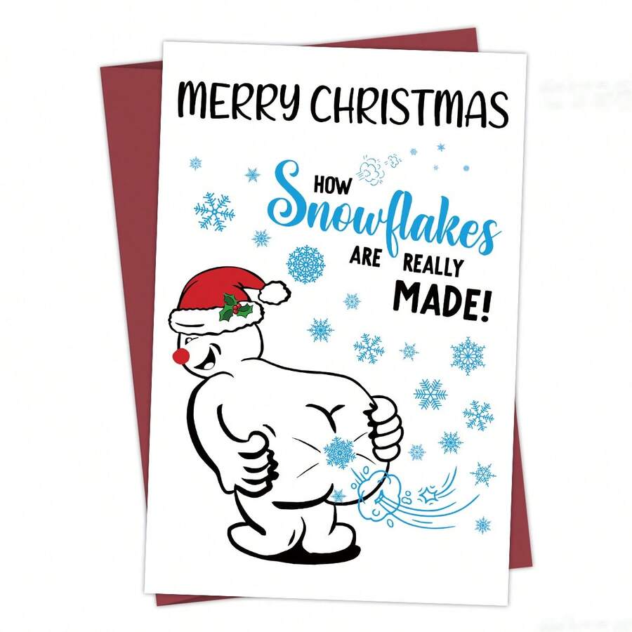 1 pièce Carte de Noël fantaisiste - Comment les flocons de neige sont vraiment faits, design de bonhomme de neige de bande dessinée, message de fête humoristique, parfait pour les amis, la famille et les êtres chers pour célébrer les occasions spéciales, Noël