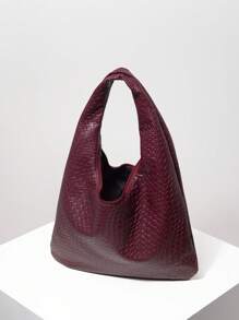 复古 PU 编织图案单肩托特包，大容量，酒红色，月亮形状，拉链腋下包，通勤购物包，圣诞礼物（图案随机），复古风女士包，时尚酒红色包 - 中紫紅色 - 查看 6