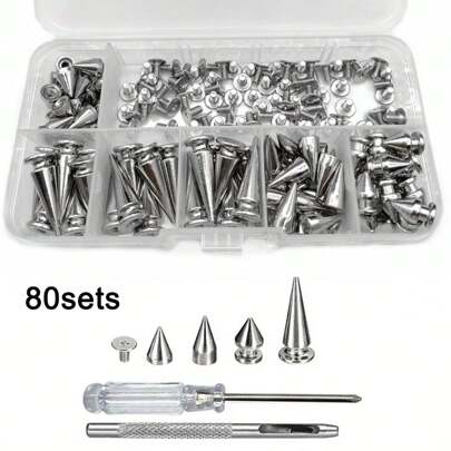 80 Set Sivri Boncuk Vida Perçin, Punk Sivri Uçlar ve Çiviler Seti, Deri El Sanatları ve Punk Tarzı Giyim Aksesuarları DIY El Sanatları Dekorasyonu İçin Metal Ağaç Sivri Uçlar