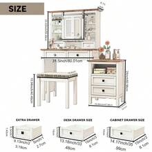 46.5'' Farmhouse Makeup Vanity Desk With Adjustible LED Lighted Mirror And Charging Station For Bedroom, Rustic Dressing Vanity Table With Side Cabinet And Cushioned Stool For Women - 天然木材 - 查看 9