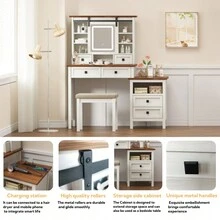 46.5'' Farmhouse Makeup Vanity Desk With Adjustible LED Lighted Mirror And Charging Station For Bedroom, Rustic Dressing Vanity Table With Side Cabinet And Cushioned Stool For Women - 天然木材 - 查看 8