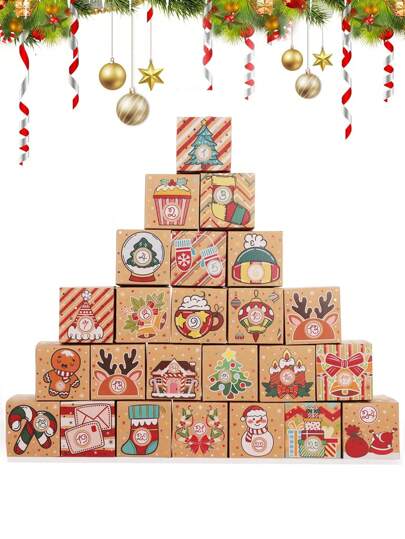 24个DIY牛皮纸圣诞降临节日历盒，24天降临节倒计时礼盒，圣诞纸板数字盒，适用于圣诞节假日装饰、生日家居装饰、圣诞装饰、房间装饰、冬季圣诞装饰、家居圣诞礼物、圣诞装饰