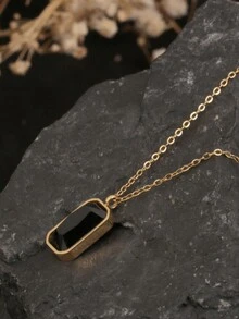 1pc Stainless Steel Minimalist Black Cubic Zirconia Necklace, Titanium Steel Black Zirconia Pendant, Suitable For Women, Wife, Party And Daily Wear - Gold - View 3