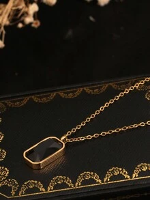 1pc Stainless Steel Minimalist Black Cubic Zirconia Necklace, Titanium Steel Black Zirconia Pendant, Suitable For Women, Wife, Party And Daily Wear - Gold - View 2