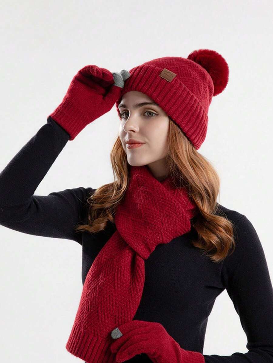 3pcs Set: Knitted Hat, Scarf, And Gloves For Women, Made Of Acrylic, Warm Accessory