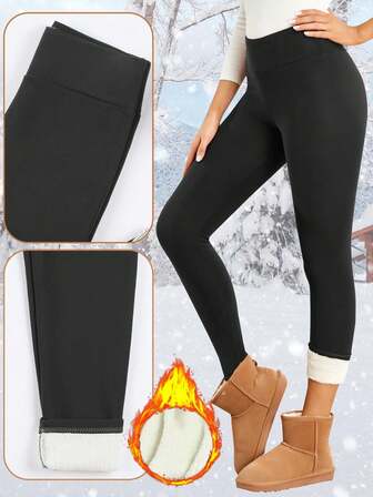 Women'S High Waist Thermal Lined Leggings, Polyester Blend, Knit Fabric, Machine Washable, Casual Minimalist Style Ankle Length Skinny Pants For Winter Tights