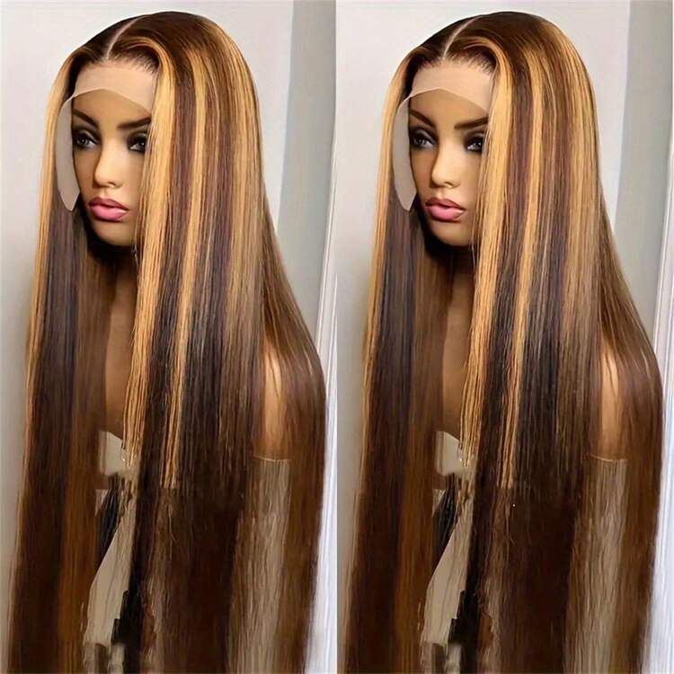 250% Density 4/27 Highlight Ombre Lace Front Wig Human Hair 13x4 Frontal HD Transparent Lace Pre Plucked Straight Lace Front Wig Human Hair Brown Colored Honey Blonde Lace Front Wig Human Hair - 間色 - 查看 1