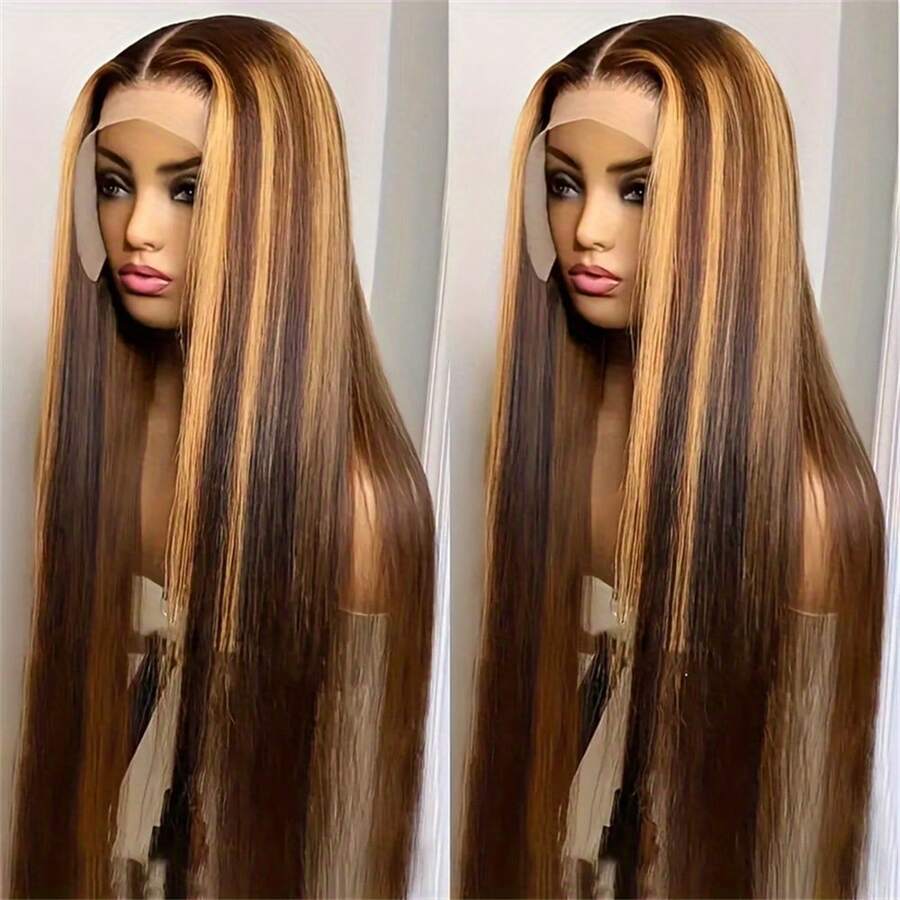 250% Density 4/27 Highlight Ombre Lace Front Wig Human Hair 13x4 Frontal HD Transparent Lace Pre Plucked Straight Lace Front Wig Human Hair Brown Colored Honey Blonde Lace Front Wig Human Hair - SP4/27 - 查看 1