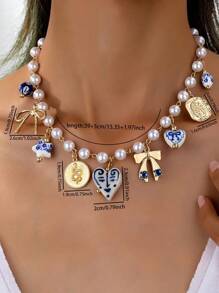 1 pièce Collier Sautoir Charme Cœur Nœud Papillon Cœur Céramique Multi, Collier Sautoir Charme Perle Imitation, Bijoux Faits Main Avec De Légères Variations De Forme Et De Motif. Saint-Valentin, Maman, Mère, Fête Des Mères, Cadeau