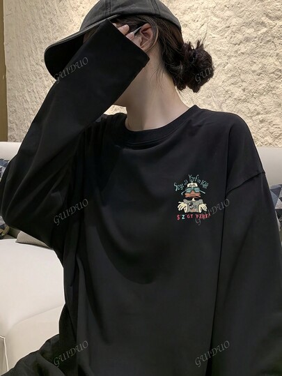 Women's Casual Loose Cartoon Print Pattern Long Sleeve T-Shirt, Versatile For Autumn/Winter