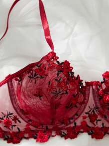 Women's Sexy Embroidered Lingerie Set - Burgundy - View 4