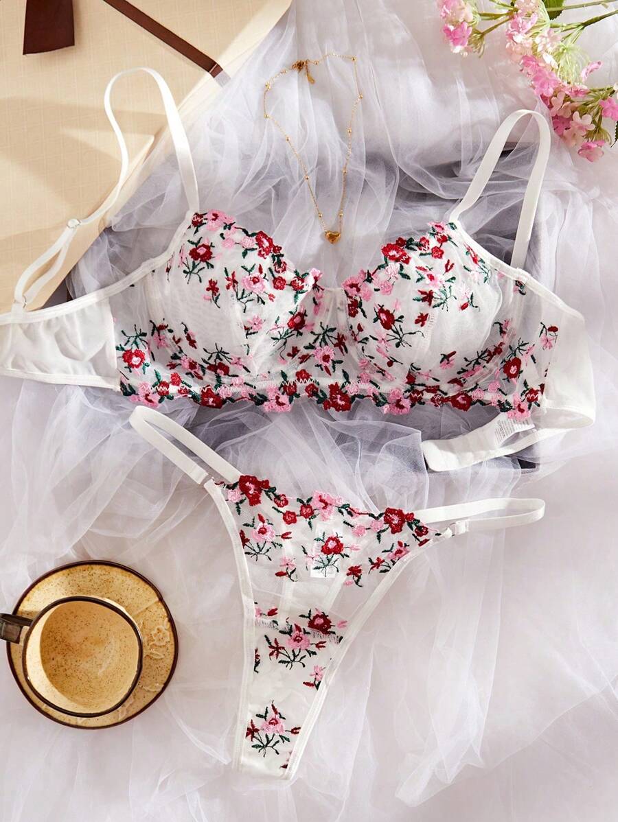 Women Sexy Embroidered Lingerie Set - White - View 1