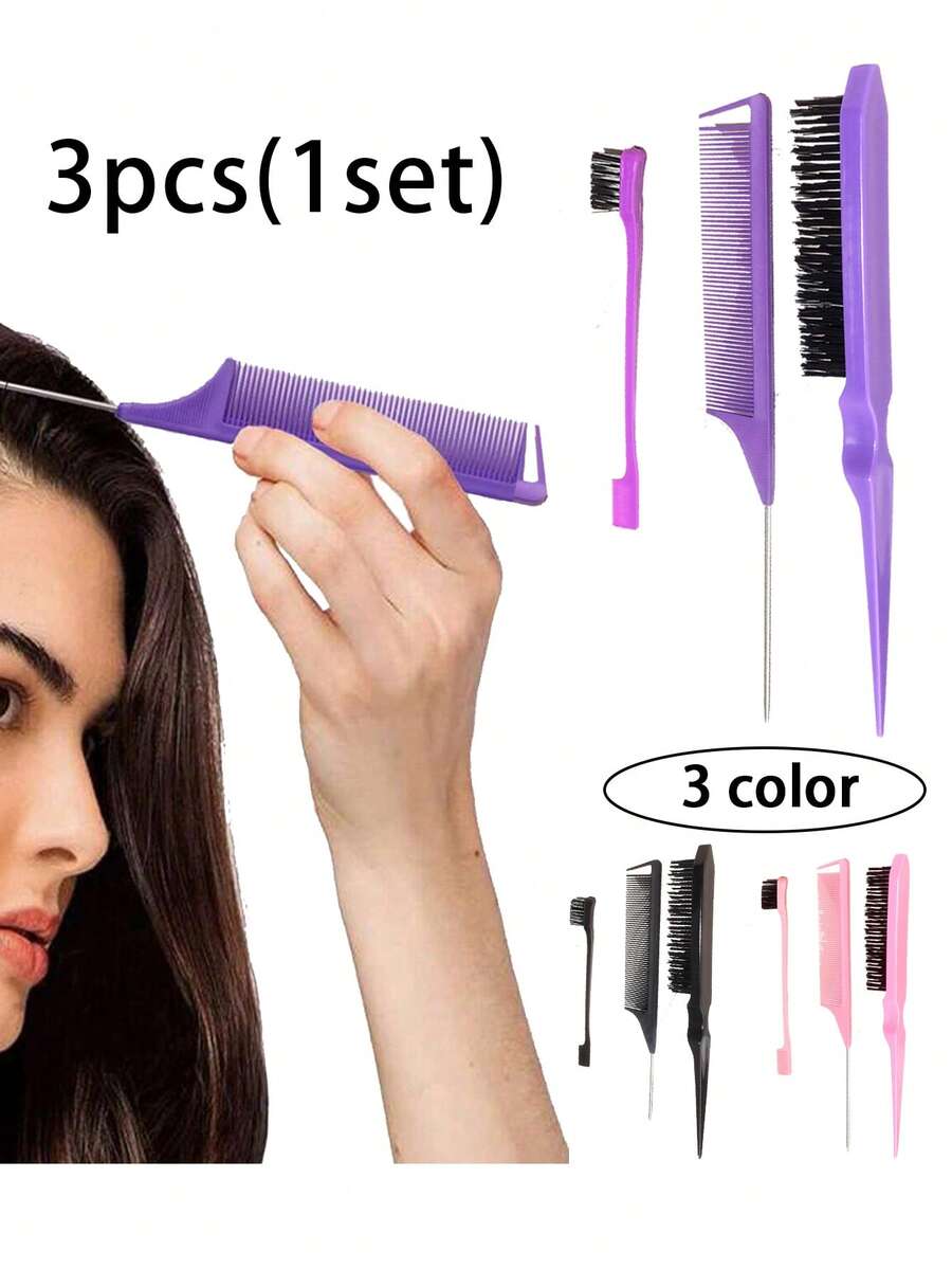3 件套发型梳套装造型梳套装，3 件套发型梳套装梳理发刷鼠尾梳边缘刷用于边缘和背部刷理、梳理、顺滑头发适合女性身体护理适合旅行、户外、运动、办公室、学校 - 彩色 - 查看 1