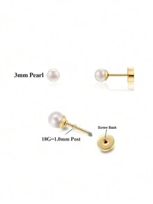 女士金色螺丝背珍珠耳钉，平背珍珠软骨耳环，珍珠螺旋耳环，防过敏不锈钢穿孔珠宝，适合女孩的礼物 - 耳環 - 查看 14