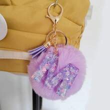 Adorable Glitter Initial Pompom Keychain - Sparkling Resin Alphabet Pendant With Fluffy Letter Charm For Girls' Bags, Backpacks, And Accessories - Personalized Idea For Teens And Young Ladies Halloween Accessories Teachers Day Christmas Gift Ideas Bag Accessories Lanyards With Id Holder Car Accessories Bag Charms