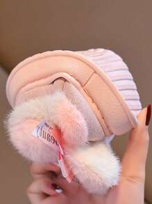 儿童可爱双球兔耳朵装饰防滑保暖室内毛绒拖鞋 - 粉色 - 查看 8
