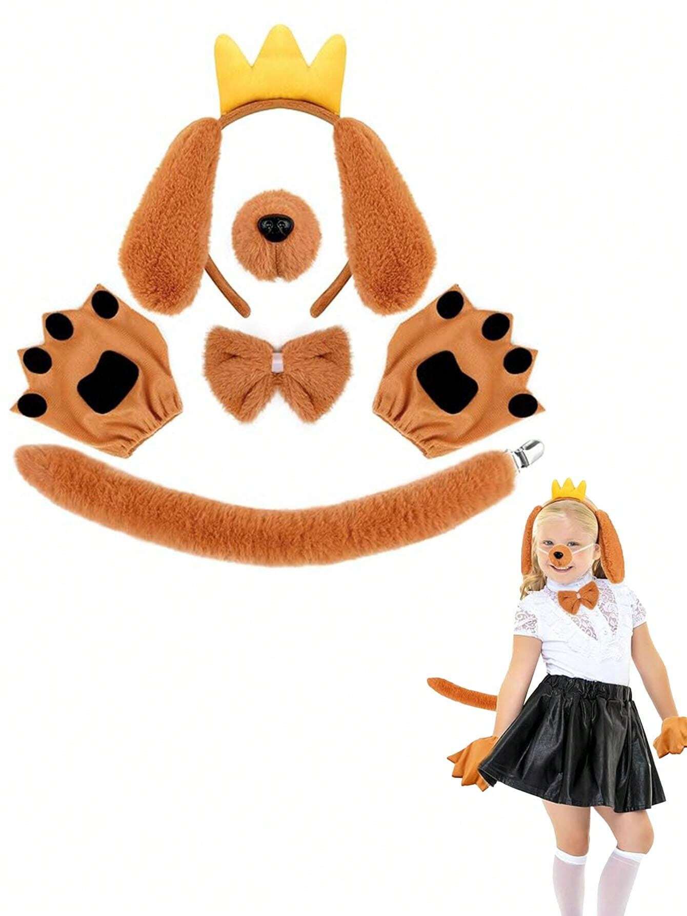 A Cute Brown Dog Headdress Tail Bow Tie Glove Combination Animal