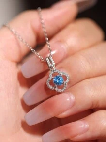 1 件 925 纯银锆石四叶草吊坠项链，3 种颜色，精致时尚锁骨链，适合女性日常、约会和派对佩戴 - 藍色 - 查看 3