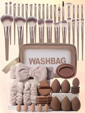 55PCS Makeup Tools Set Including:1pc Multi-Functional Zipper Toiletry And Cosmetic Bag Waterproof+30pcs Makeup Brush Sets+5PCS Makeup Sponge+5PCS Mini Makeup Sponges+5PCS Triangle Powder Puffs+5PCS Mini Air Cushion Powder Puffs+1pc Hairband+2PCS Hand Bowl Strap+1pc Makeup Brush Cleaning Tools