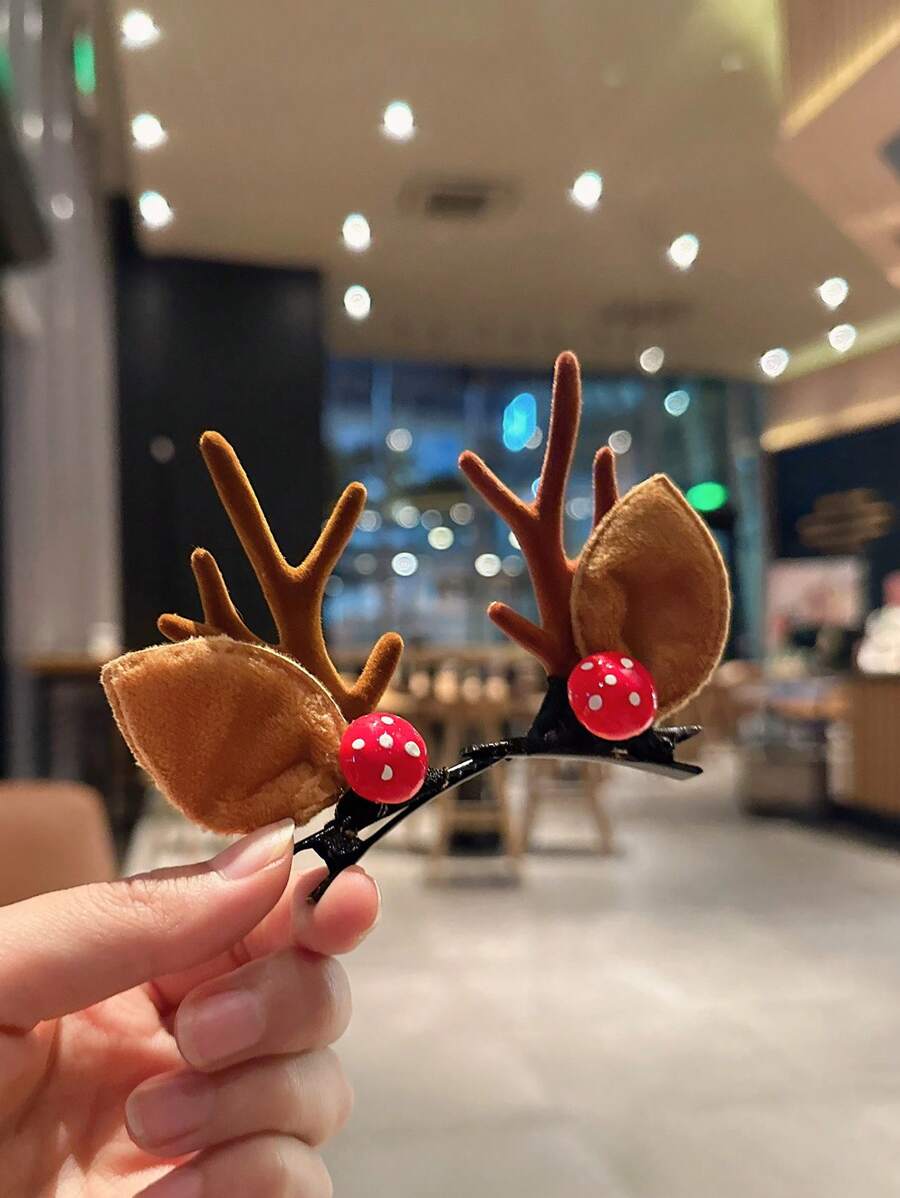 1 Pair Mushroom Deer Horn Hairpins, Christmas Deer Antler Headband Hair Clips, Cute Cartoon Reindeer Antler Hair Accessories,Christmas