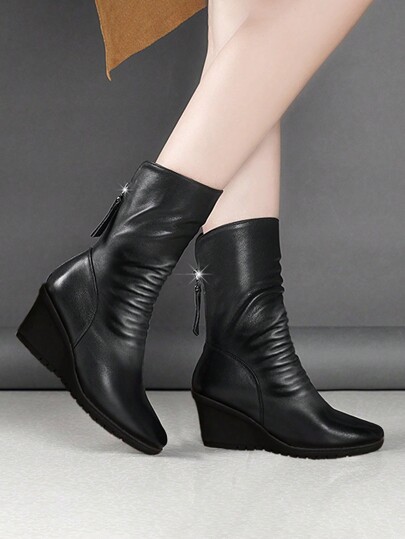 Women's New Mid-Calf Boots, Flat Wedge Heel, Fashion & Comfortable Boots For Autumn Winter
