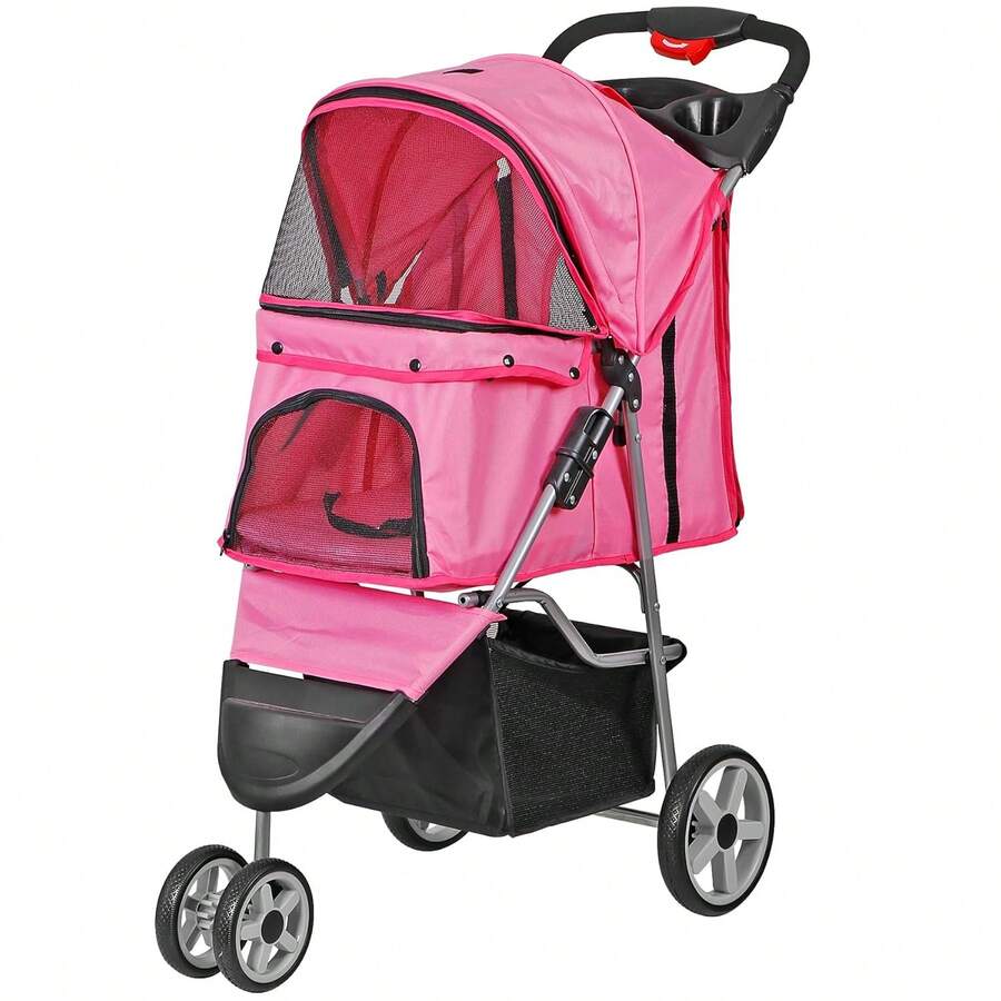 Foldable Pet Stroller, Cat/Dog Stroller With 3 Wheel, Pet Strolling Cart, Dog Travel Carrier With Storage Basket + Cup Holder (Pink) - 粉色 - 查看 1