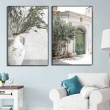 1 pieza Pintura en lienzo minimalista escandinava con el árbol de olivo italiano, las ramas y las hojas, la arquitectura, sin marco, para decoración del hogar