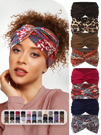4条装女士宽版十字印花纯色休闲发带，豹纹图案多功能彩色发饰头巾发带吸汗带，秋冬季度假发带，女士优雅围巾女士头巾柔软头巾