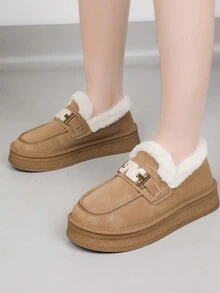 女士时尚金属扣装饰厚羊毛保暖雪地靴，厚底防水冬靴毛绒鞋 - 卡其色 - 查看 6