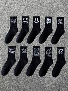 1/3/6/8 Pairs Mixed Black & White Graffiti Design Mid-Calf Socks For Men, Suitable For Casual, Outdoor, And Sports Wear