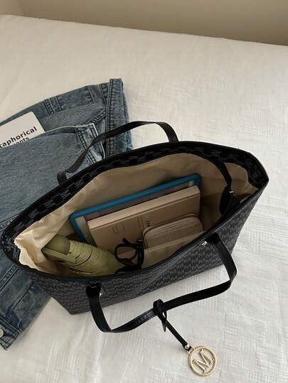 Nuova borsa a tracolla di grandi dimensioni in stile casual elegante da donna con design a stampa full-body con lettere, doppi manici, adatta per lavoro, pendolarismo, scuola, grande capacità, portatile, classica, casual, elegante, ideale per ragazze adolescenti, donne universitarie, lavoratori in ufficio, rientro a scuola, medie, superiori, università, vacanze, borsa a tracolla alla moda con chiusura lampo