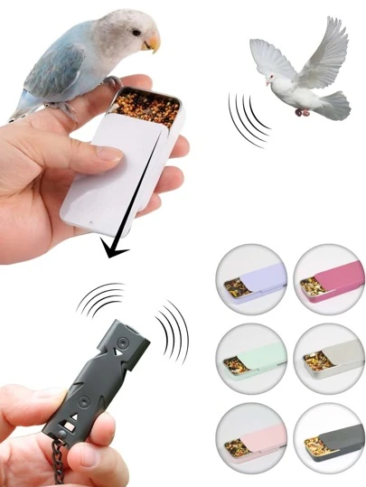 2件套鸟类喂食训练工具，喂食盒及训练哨子套装，适用于鹦鹉鸽子，坚固耐用，携带方便，防水防潮，密封性好，紫色粉丝等靓丽颜色可选，做工精致，适用于室内外鸟类喂食训练，增强互动性，哨子吹起来很方便