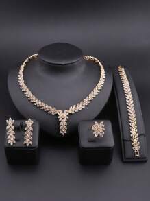 1 Set Frauen Party Mode Blatt Form Strass Halskette Ohrringe Armband Ring Hochzeit Kostümschmuck Set für Bräute