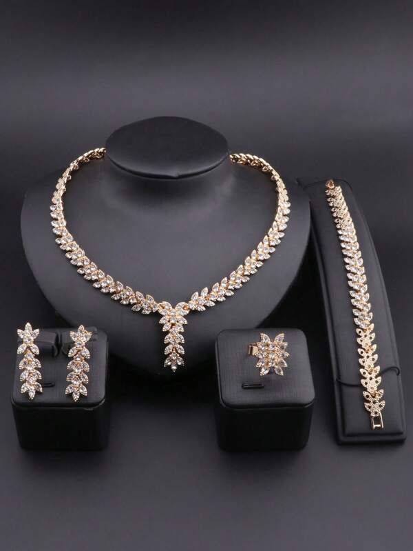 1 Sets Women Party Fashion Leaf Shape Rhinestones Necklace Earring Bracelet Ring Wedding Costume Jewelry Set For Brides