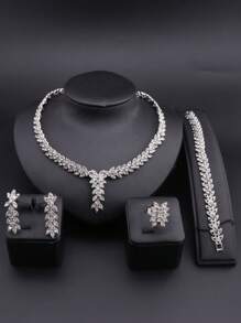 1 Set Frauen Party Mode Blatt Form Strass Halskette Ohrringe Armband Ring Hochzeit Kostümschmuck Set für Bräute